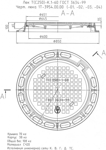 Люк тяжелый чугунный Т(С250)-К(В;Г;Д; ТС). 1-601T-3954.00.00